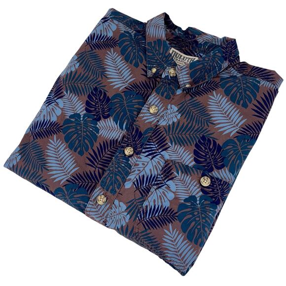 Duluth Trading Co Men’s Button Down Shirt XL Blue Brown Leaf Pattern Relaxed Fit - Picture 1 of 11